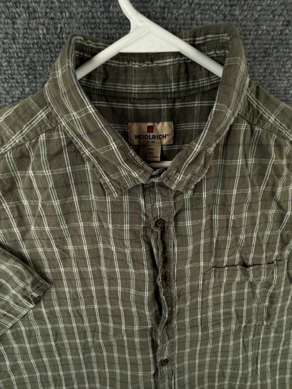 Woolrich Green Check Short Sleeve Button Up Shirt Hiking 2XL Men Outdoor Pocket